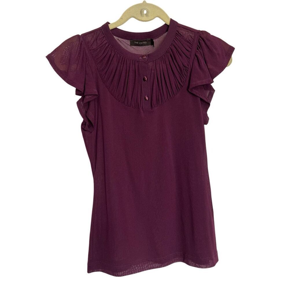 The Limited Blouse Top Womens XS Purple Flutter Sleeve Semi-Sheer Henley NWT